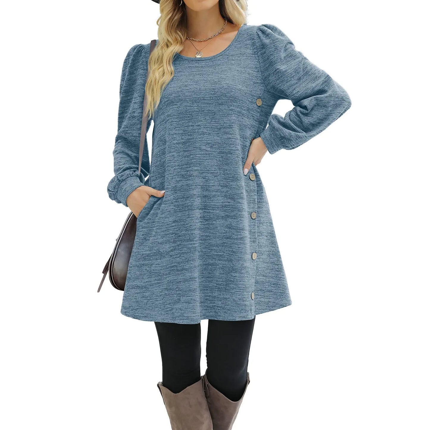 JuliaFashion - Women's Long Sleeve Fashion Button Side Scoop Neck Autumn Women Solid Color Tunic Pockets Casual Mini Dress