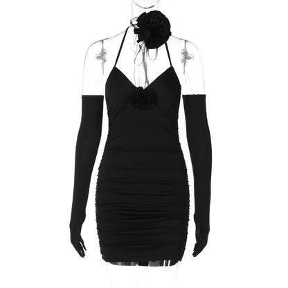 Julia Fashion - V-neck Black Rose Lacing Bodycon Women's Mini Dress