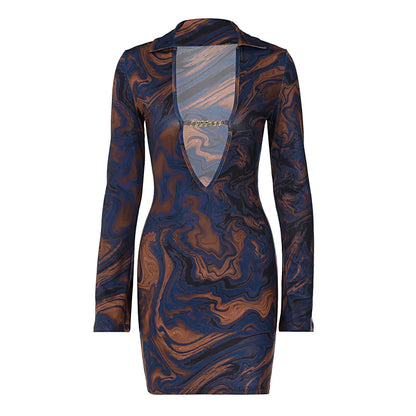 Julia Fashion - Print Lapel Flared Sleeve Deep V Bag Hip Puss Sexy Elegant Women's Mini Dress