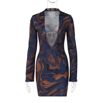 Julia Fashion - Print Lapel Flared Sleeve Deep V Bag Hip Puss Sexy Elegant Women's Mini Dress