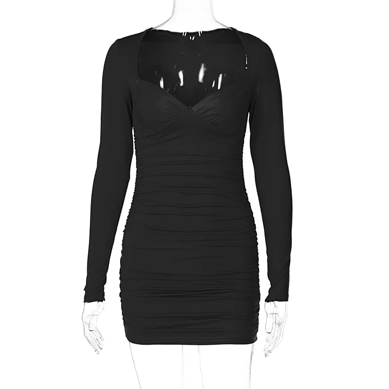 Julia Fashion - Deep V Long Sleeve Slim Bodycon Sexy Casual Women's Mini Dress