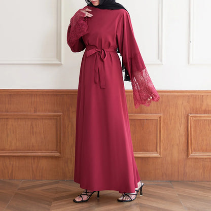 JuliaFashion - Women's Muslim Long Sleeve Vintage Pullover Abaya Prayer Clothes Sunday For Women Lace Solid Ramadan Robes Moroccan Dress