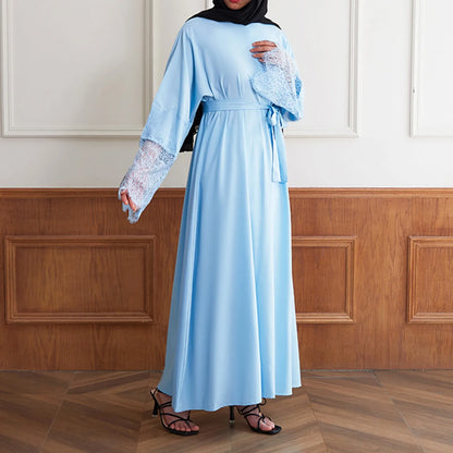 JuliaFashion - Women's Muslim Long Sleeve Vintage Pullover Abaya Prayer Clothes Sunday For Women Lace Solid Ramadan Robes Moroccan Dress