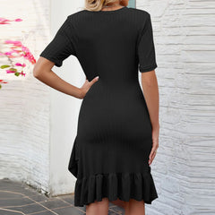 JuliaFashion - Women's New Summer Solid Color Round Neck Pleated Slim Short Sleeved Fashion Casual Irregular Ruffled Hem Slimming Dress
