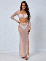 Women’s Perspective Mesh Crystal Two Piece Set Square Neck Christmas Party Dress Dresses-L