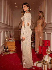 Women’s Perspective Mesh Crystal Two Piece Set Square Neck Christmas Party Dress Dresses-L