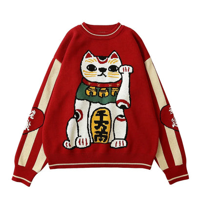 Thick Warm Retro Lucky Cat Red Cotton Jumper Christmas Sweater / One Size Sweaters-L