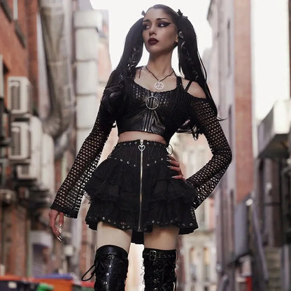 Women's Vintage High Waist Zipper Front Style Kawaii Black Harajuku Gothic Skater Mini Skirt