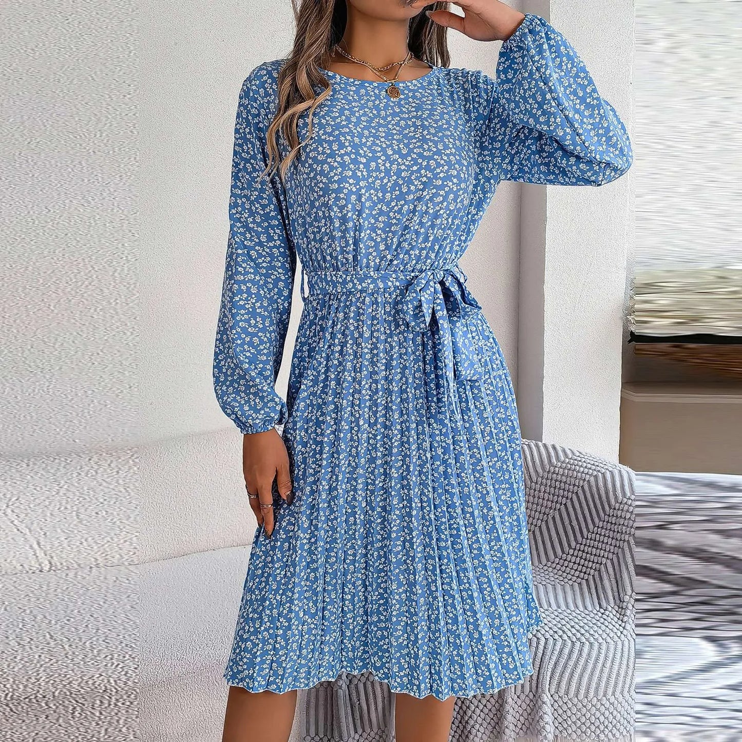 JuliaFashion - Women's Retro Floral Print Pleated Casual Long Sleeved Wide Hem Midi Elegant Round Neck Lace Up Casual Dress