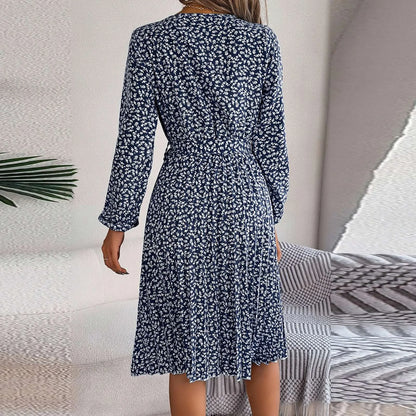 JuliaFashion - Women's Retro Floral Print Pleated Casual Long Sleeved Wide Hem Midi Elegant Round Neck Lace Up Casual Dress