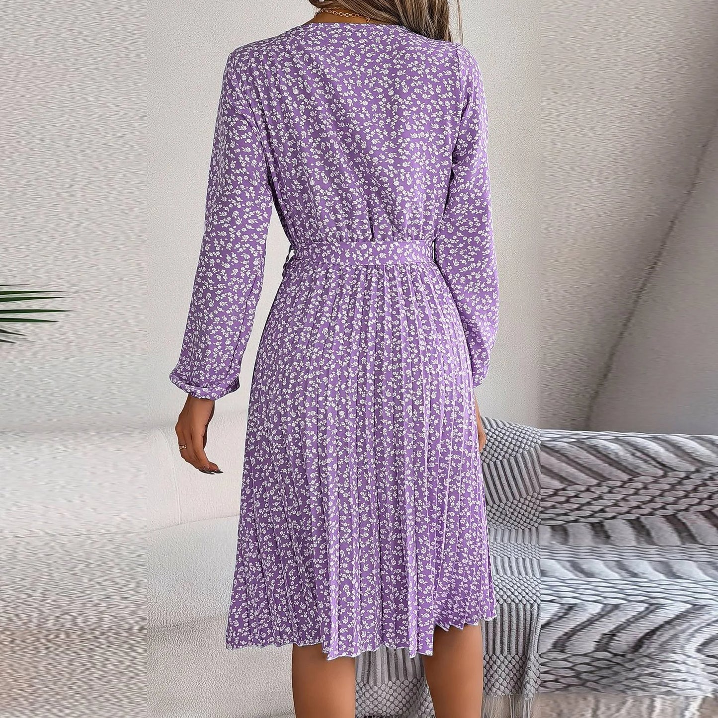 JuliaFashion - Women's Retro Floral Print Pleated Casual Long Sleeved Wide Hem Midi Elegant Round Neck Lace Up Casual Dress