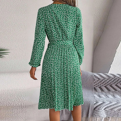 JuliaFashion - Women's Retro Floral Print Pleated Casual Long Sleeved Wide Hem Midi Elegant Round Neck Lace Up Casual Dress