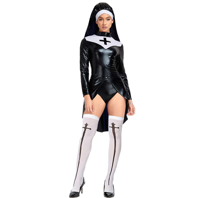 Saintlike Faux Leather PVC Nun Roleplay Halloween Dress Costume