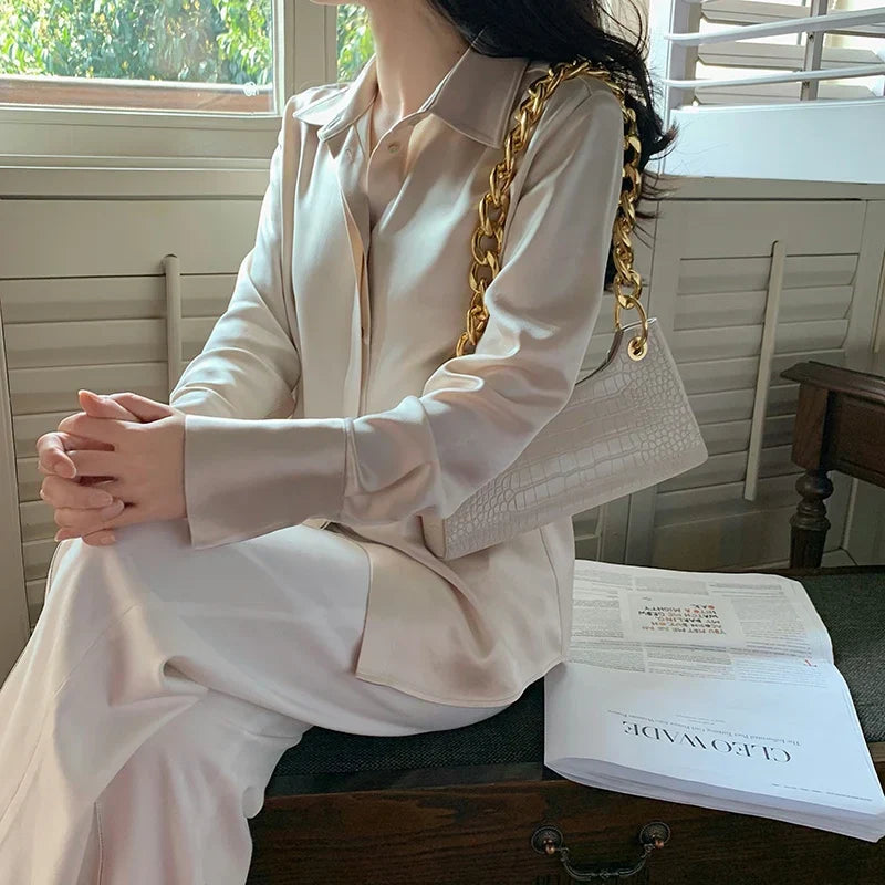 Satin Long Sleeve French Style Office Lady Blouse Champagne / S blouse-250126