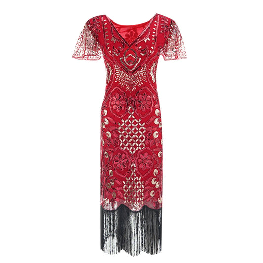 JuliaFashion - Women's Sequin Beaded Flapper 20s Great Gatsby Fringed Sequin Lady V-Neck Petal Sleeve Embroidery Midi Dress