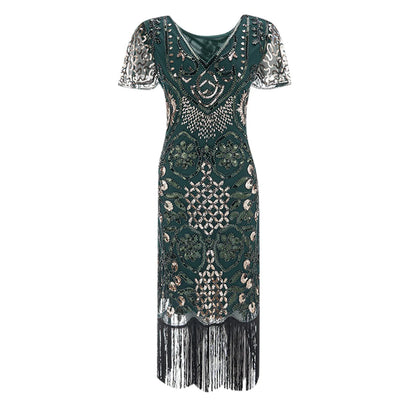 JuliaFashion - Women's Sequin Beaded Flapper 20s Great Gatsby Fringed Sequin Lady V-Neck Petal Sleeve Embroidery Midi Dress