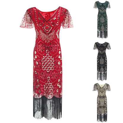 JuliaFashion - Women's Sequin Beaded Flapper 20s Great Gatsby Fringed Sequin Lady V-Neck Petal Sleeve Embroidery Midi Dress