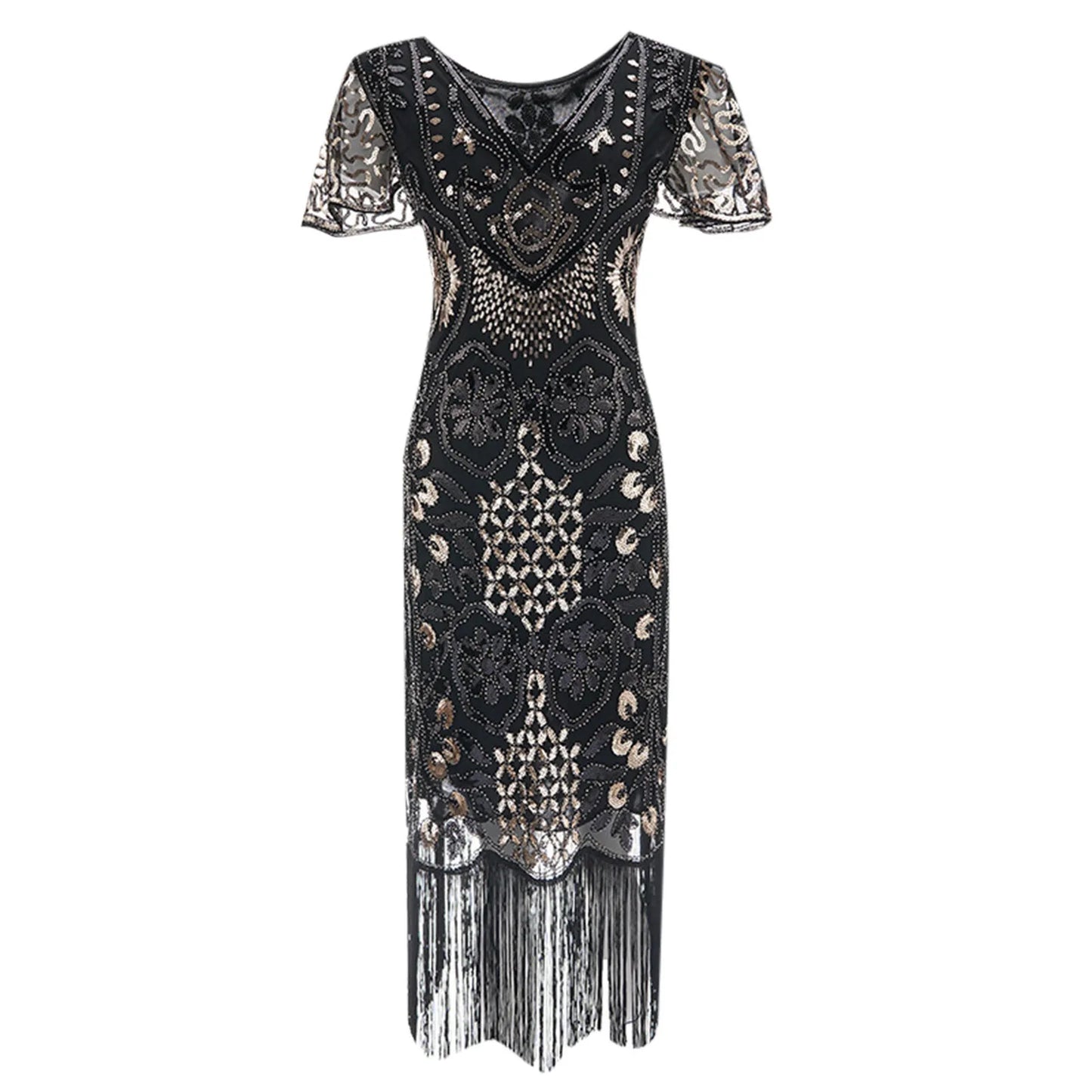 JuliaFashion - Women's Sequin Beaded Flapper 20s Great Gatsby Fringed Sequin Lady V-Neck Petal Sleeve Embroidery Midi Dress