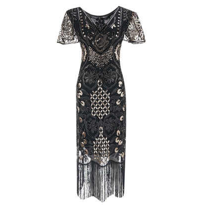 JuliaFashion - Women's Sequin Beaded Flapper 20s Great Gatsby Fringed Sequin Lady V-Neck Petal Sleeve Embroidery Midi Dress