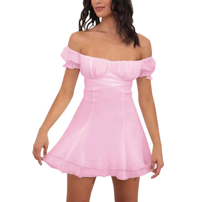 JuliaFashion - Sexy Off The Shoulder Summer Short Sleeve Hollow Ruffles Fashion Solid Color High Waist Backless Dress