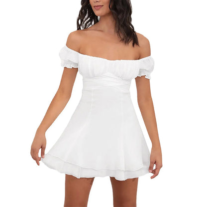 JuliaFashion - Sexy Off The Shoulder Summer Short Sleeve Hollow Ruffles Fashion Solid Color High Waist Backless Dress