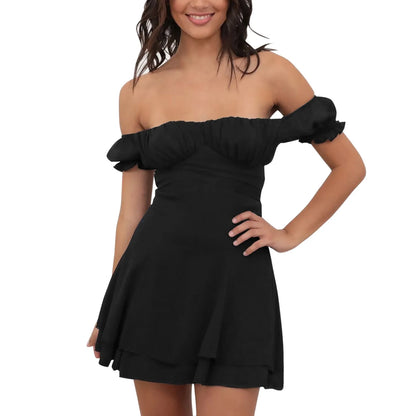 JuliaFashion - Sexy Off The Shoulder Summer Short Sleeve Hollow Ruffles Fashion Solid Color High Waist Backless Dress