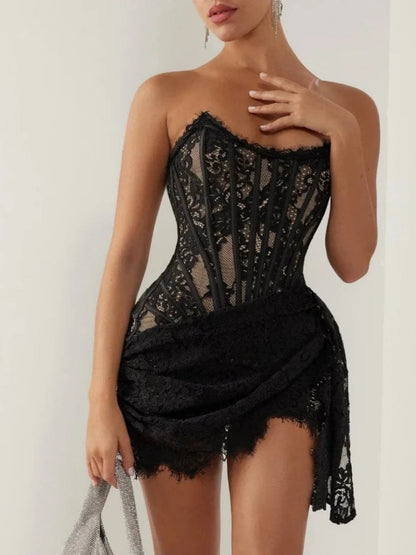 Strapless Lace Corset Mini Dress - Sleeveless Bodycon Christmas Party Dress