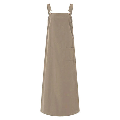 JuliaFashion - Women's Sleeveless SunVintage Suspenders Casual Loose Solid Overalls Long Summer Square Neck Buckle Robe Dress