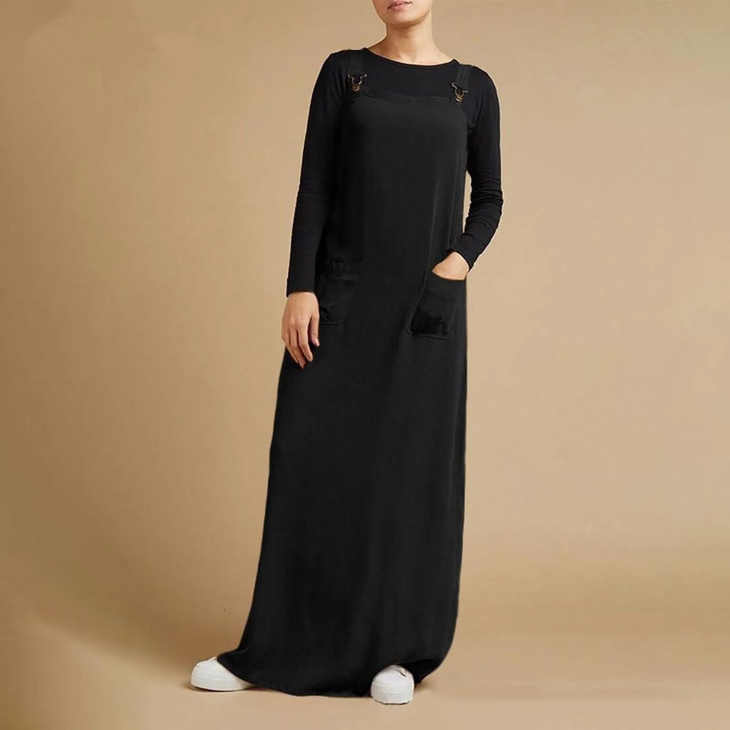 JuliaFashion - Women's Sleeveless SunVintage Suspenders Casual Loose Solid Overalls Long Summer Square Neck Buckle Robe Dress