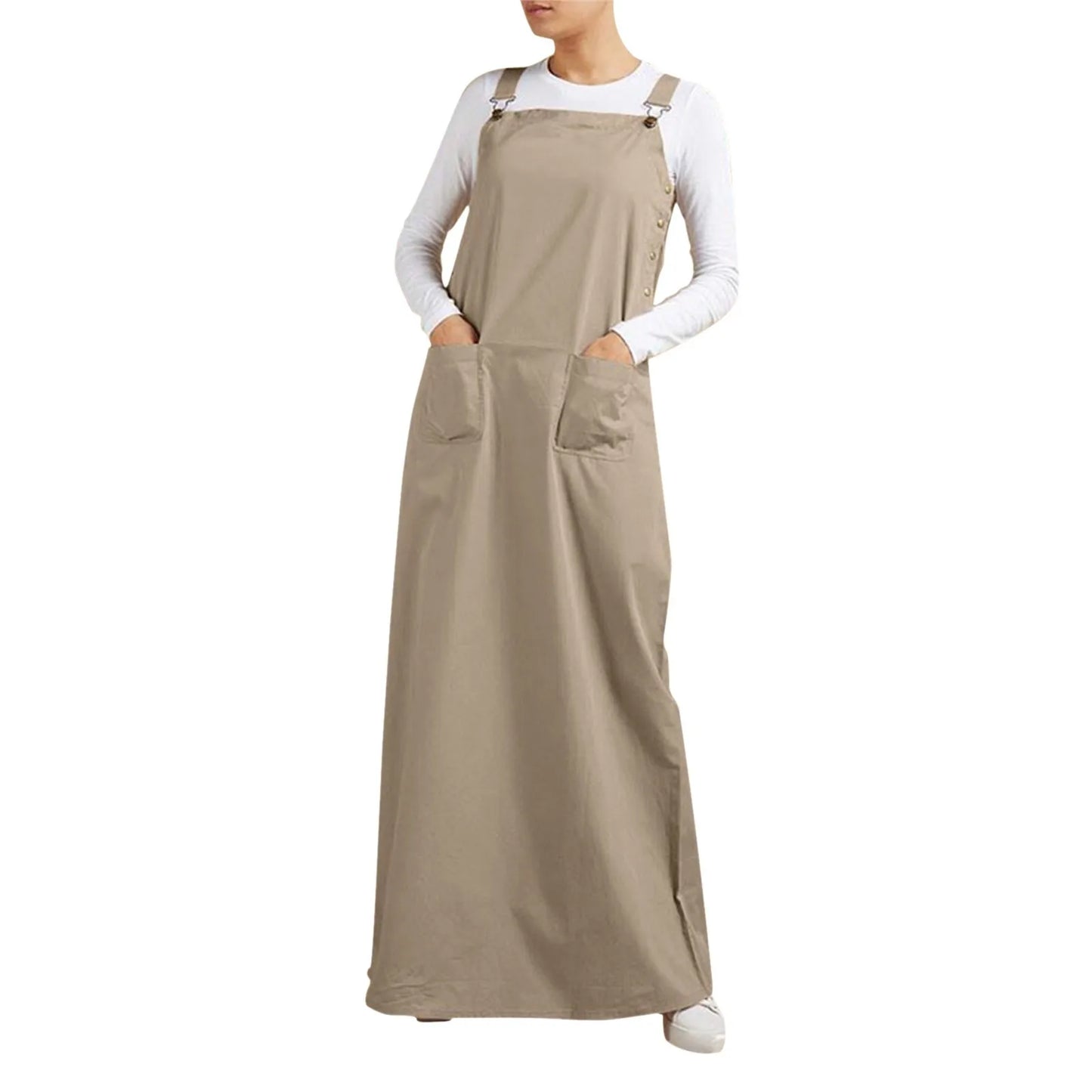 JuliaFashion - Women's Sleeveless SunVintage Suspenders Casual Loose Solid Overalls Long Summer Square Neck Buckle Robe Dress