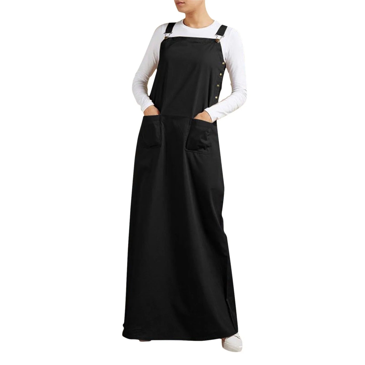 JuliaFashion - Women's Sleeveless SunVintage Suspenders Casual Loose Solid Overalls Long Summer Square Neck Buckle Robe Dress