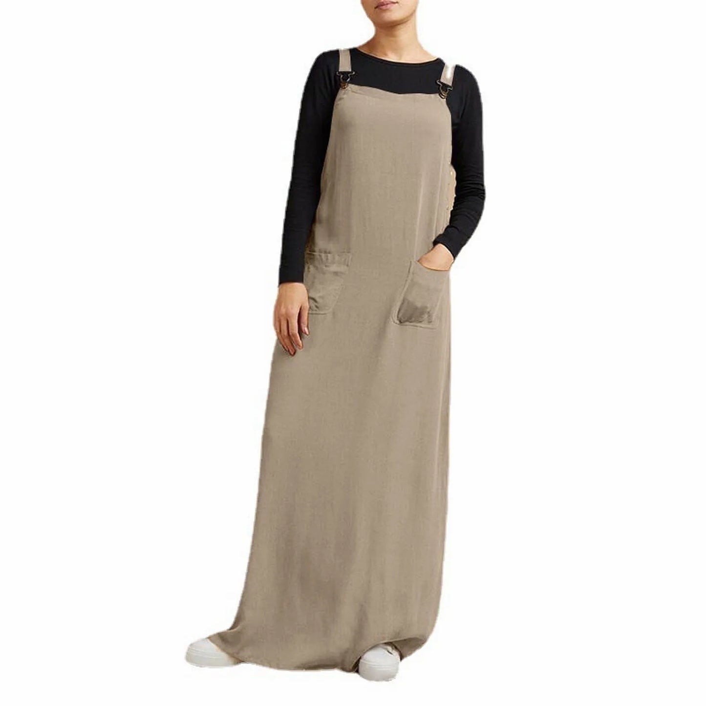 JuliaFashion - Women's Sleeveless SunVintage Suspenders Casual Loose Solid Overalls Long Summer Square Neck Buckle Robe Dress