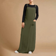 JuliaFashion - Women's Sleeveless SunVintage Suspenders Casual Loose Solid Overalls Long Summer Square Neck Buckle Robe Dress