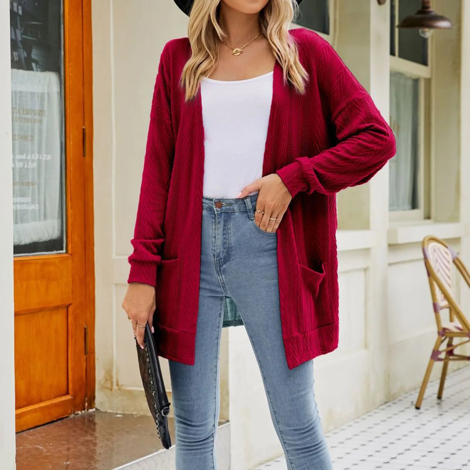 Plus Size Open Front Chunky Knit Cardigan Red / S Cardigan-241208