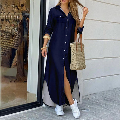 JuliaFashion - Women's Solid Long Maxi Shirt Fashion Lapel Buttons Casual Slit Spring Summer Streetwear Office Lady Long Dress