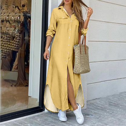 JuliaFashion - Women's Solid Long Maxi Shirt Fashion Lapel Buttons Casual Slit Spring Summer Streetwear Office Lady Long Dress