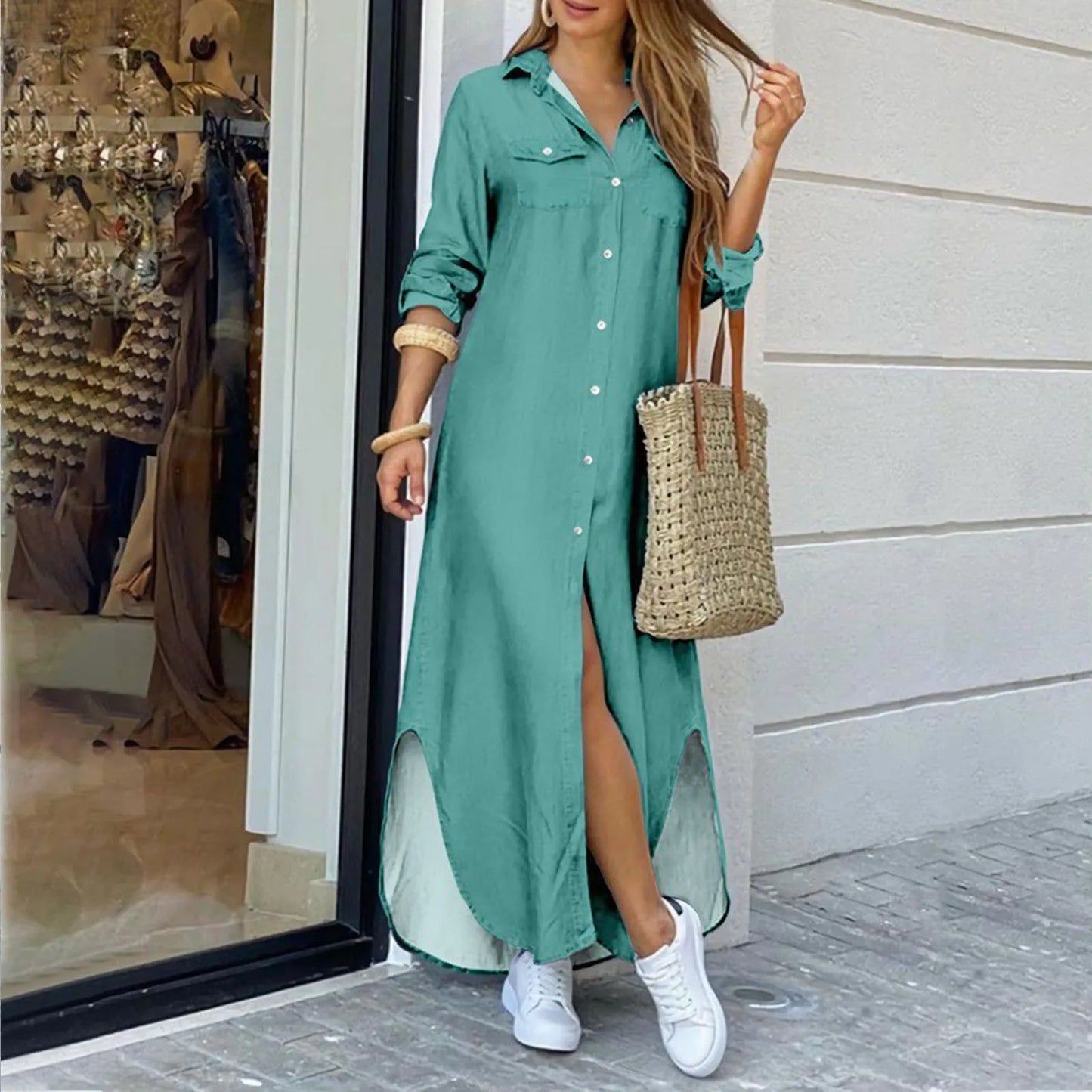 JuliaFashion - Women's Solid Long Maxi Shirt Fashion Lapel Buttons Casual Slit Spring Summer Streetwear Office Lady Long Dress