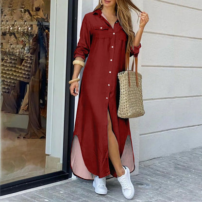 JuliaFashion - Women's Solid Long Maxi Shirt Fashion Lapel Buttons Casual Slit Spring Summer Streetwear Office Lady Long Dress