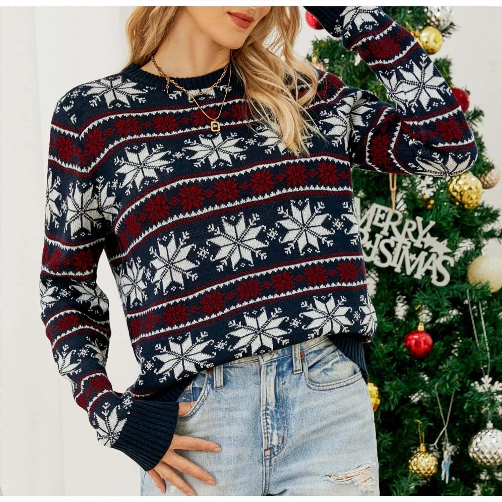 Snowflake Jacquard Christmas Party Knitted Sweater Sweaters-L