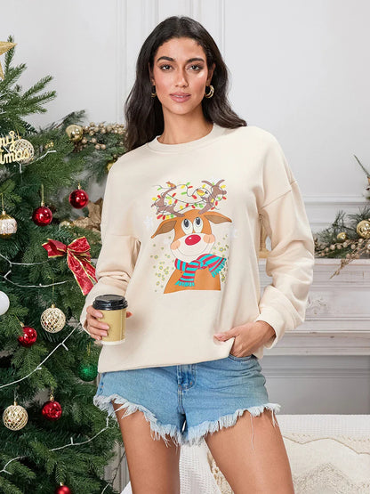Christmas Deer Print Crew Neck Fall Winter Long Sleeve Casual Hoodie Hoodies-L