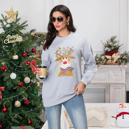 Christmas Deer Print Crew Neck Fall Winter Long Sleeve Casual Hoodie Gray / S Hoodies-L