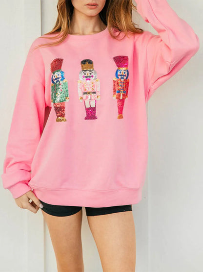 Cute Ugly Sequin Graphic Nutcracker Holiday Christmas Hoodie Pink / S Hoodies-L