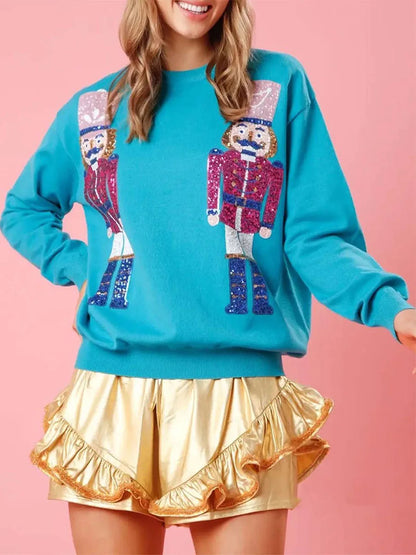 Cute Ugly Sequin Graphic Nutcracker Holiday Christmas Hoodie Blue / S Hoodies-L