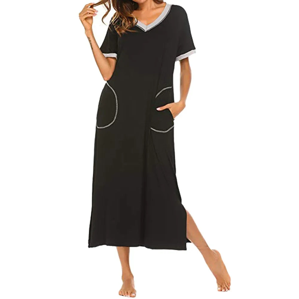 JuliaFashion - Women's Ultra-Soft Nightshirt Short Sleeve Sleepwear Nightgown Full Length V Neck Casual Long Women's Summer Dress