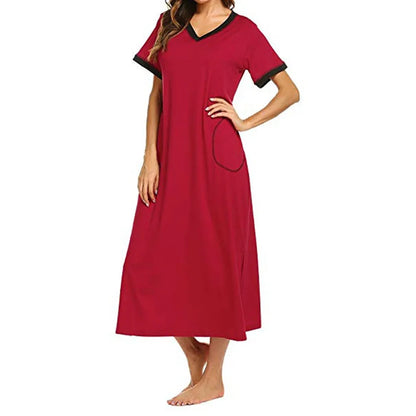 JuliaFashion - Women's Ultra-Soft Nightshirt Short Sleeve Sleepwear Nightgown Full Length V Neck Casual Long Women's Summer Dress