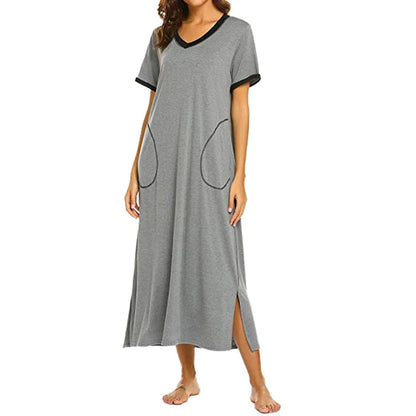 JuliaFashion - Women's Ultra-Soft Nightshirt Short Sleeve Sleepwear Nightgown Full Length V Neck Casual Long Women's Summer Dress