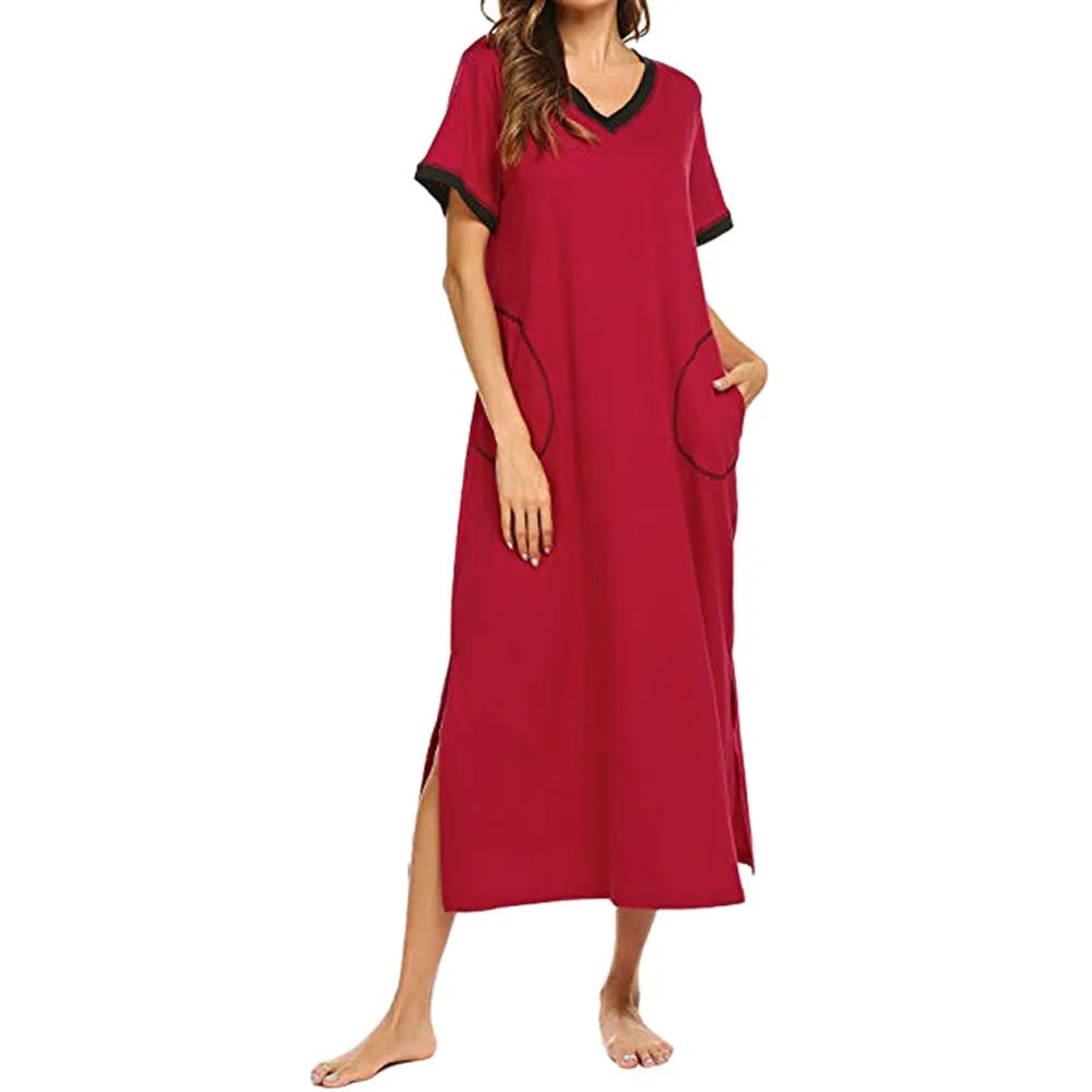 JuliaFashion - Women's Ultra-Soft Nightshirt Short Sleeve Sleepwear Nightgown Full Length V Neck Casual Long Women's Summer Dress