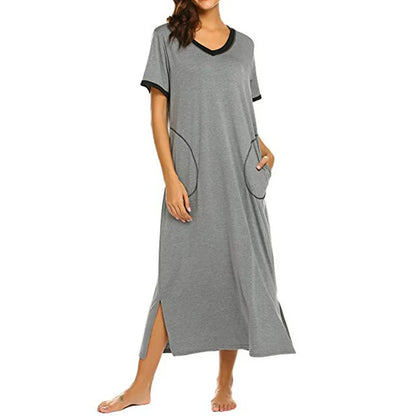 JuliaFashion - Women's Ultra-Soft Nightshirt Short Sleeve Sleepwear Nightgown Full Length V Neck Casual Long Women's Summer Dress