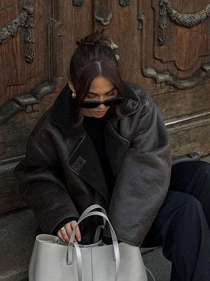 Vintage Chic Warm Stylish Loose Long Sleeved Faux Fur Jacket