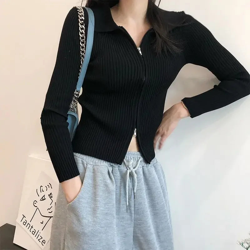 Slim Fit Polo Collar Double-Headed Zipper Knitted Cardigan cardiagn-250126